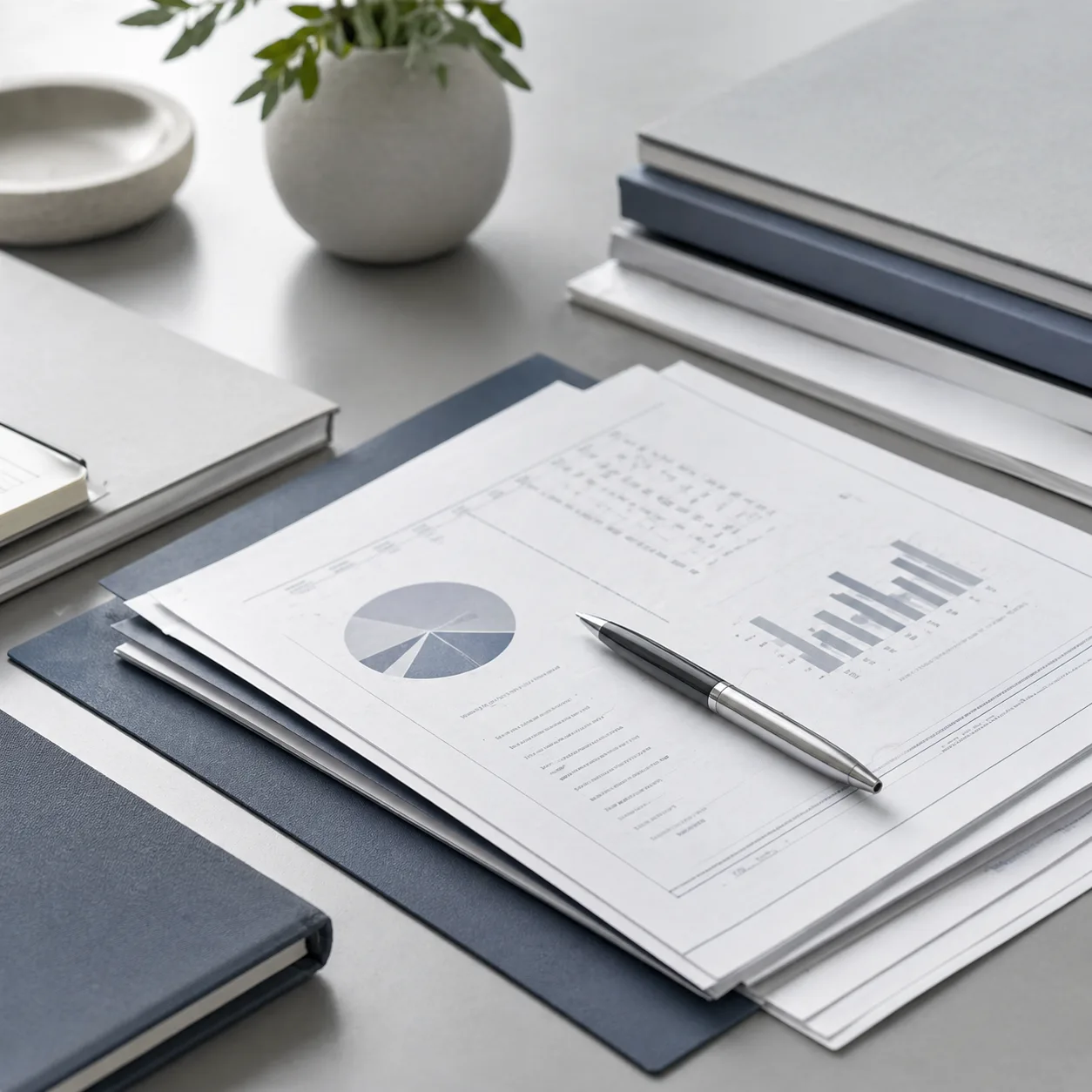Investment performance charts and financial planning documents on a desk